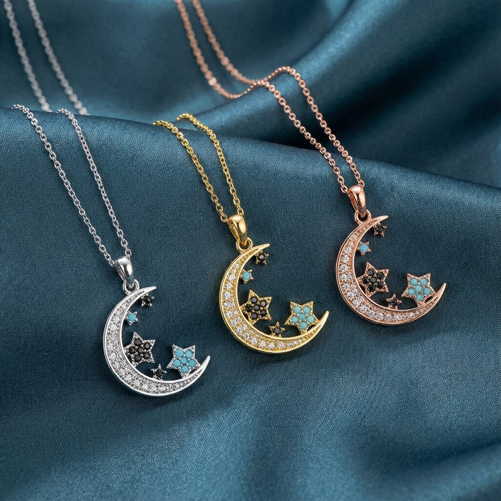 Gümüş Ay ve Yıldızlar Kolye